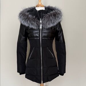 Nicole Benisti Black Down Jacket with Real Fox Fur Trim and Leather Accents